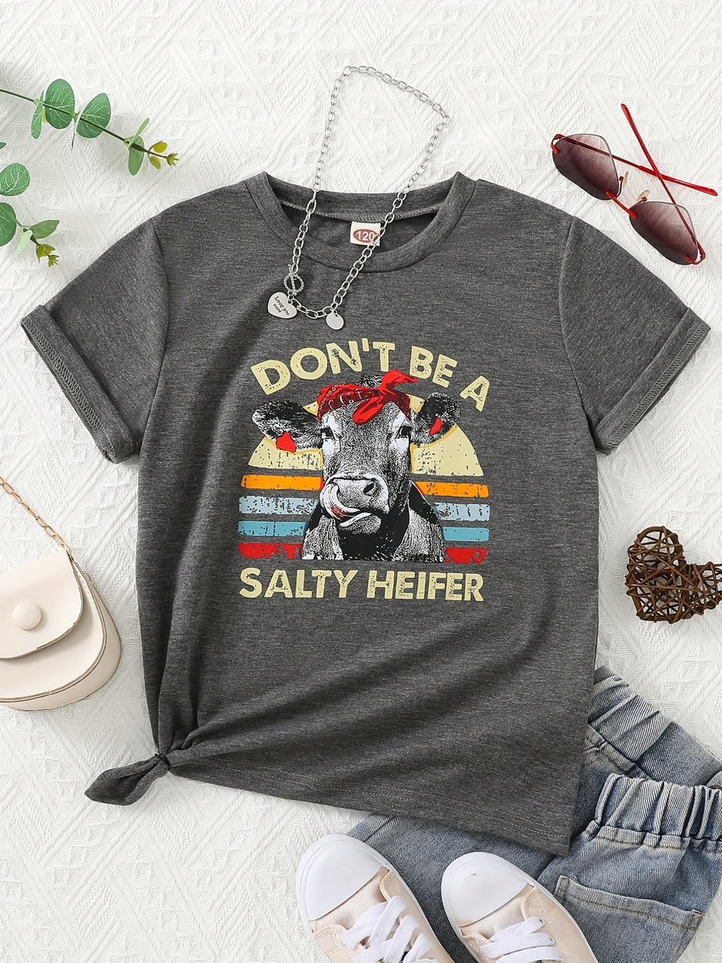 Girls Letter And Cow Head Graphic T-Shirt Casual Round Neck Tees Top Teen Kids Summer Clothes