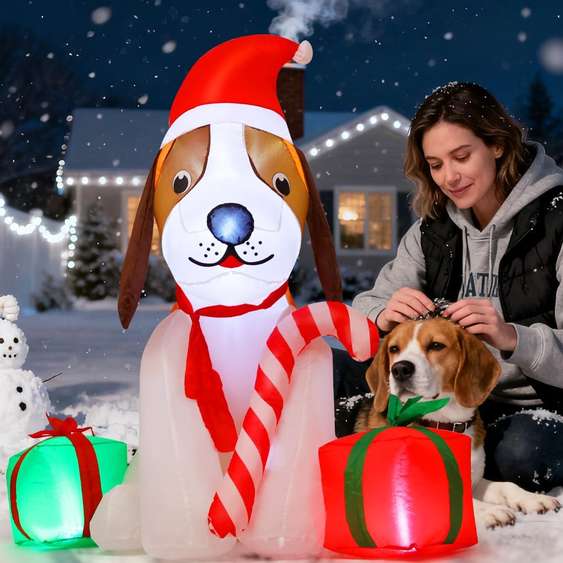 5 FT Inflatable Christmas Beagle Dog Outdoor Decoration with Gift Box and Built-in LEDs for Holiday Party and Garden Lawn Decor
