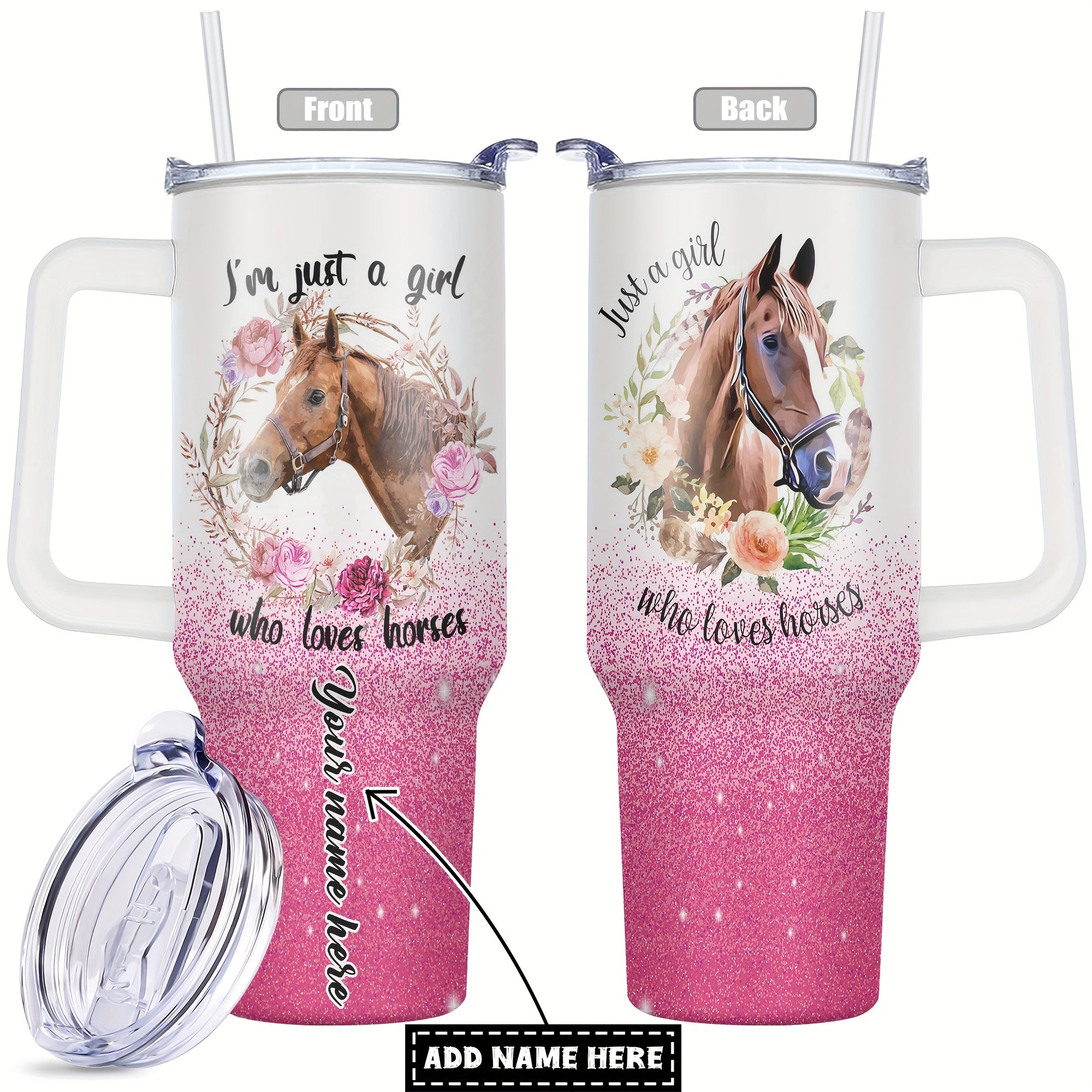 1pc Customizable 40 Oz Stainless Steel Tumbler - Double Wall Vacuum Insulated Travel Mug for Hot and Cold Drinks - Unique Pink Horse Funny Print Design, Perfect Birthday and Christmas Gift for Women, Mom, Sisters, Teacher, Co