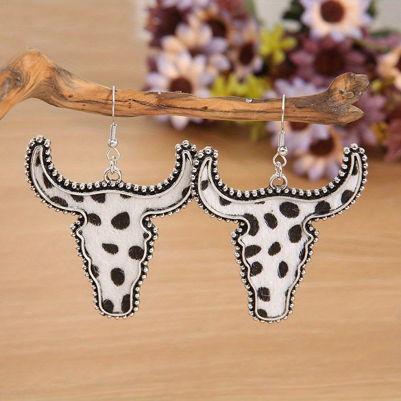 Flocking Cow/ Leopard Pattern Bull Head Design Dangle Earrings Retro Ethnic Style Western Holiday Earrings