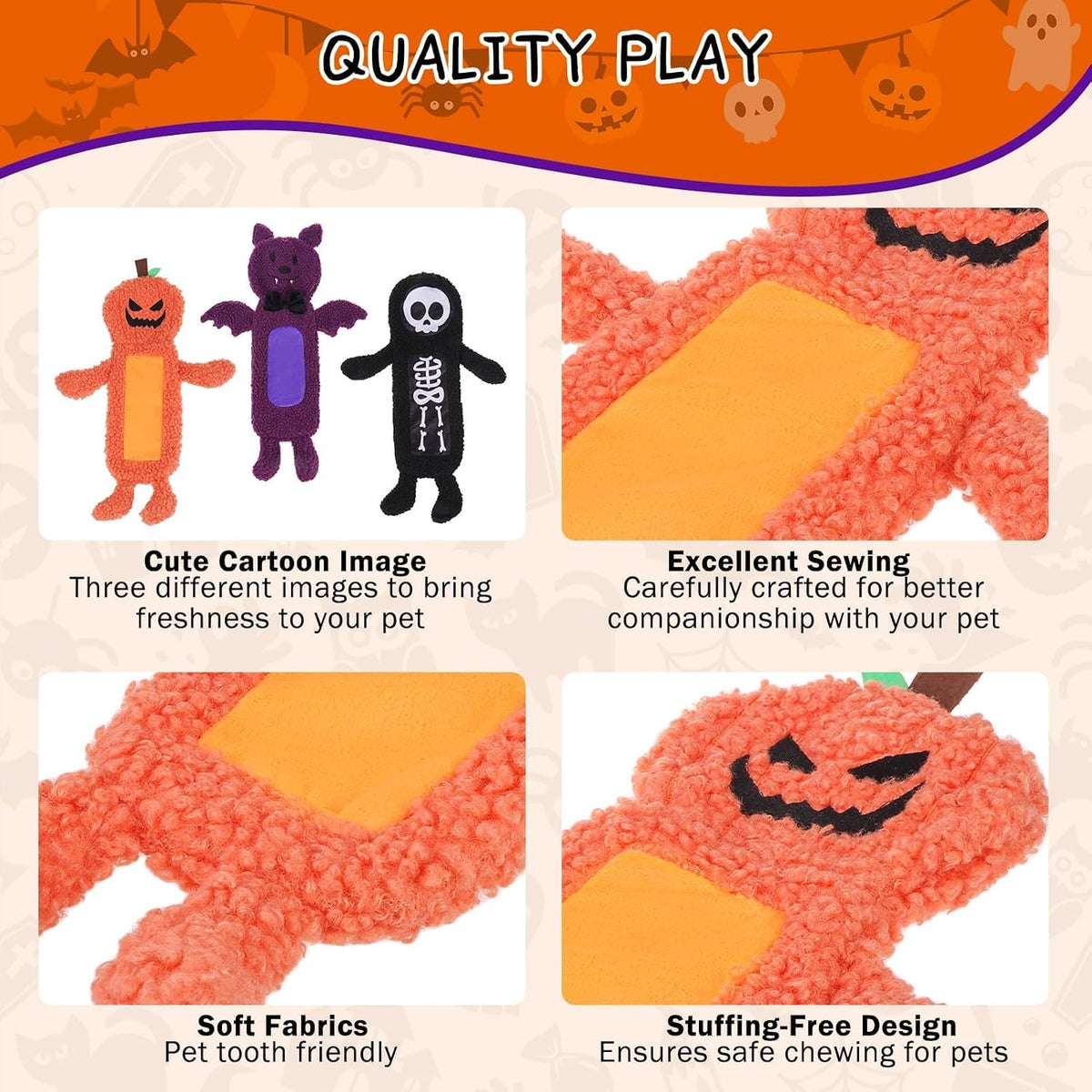 Stuffless Halloween Dog Squeaky Toys for Small Medium Dogs, Crinkle Puppy Chew Toy, 3 Pack Cute Animals Shape Soft Pet Plush Teething Toys(Skeleton & Pumpkin & Bat)