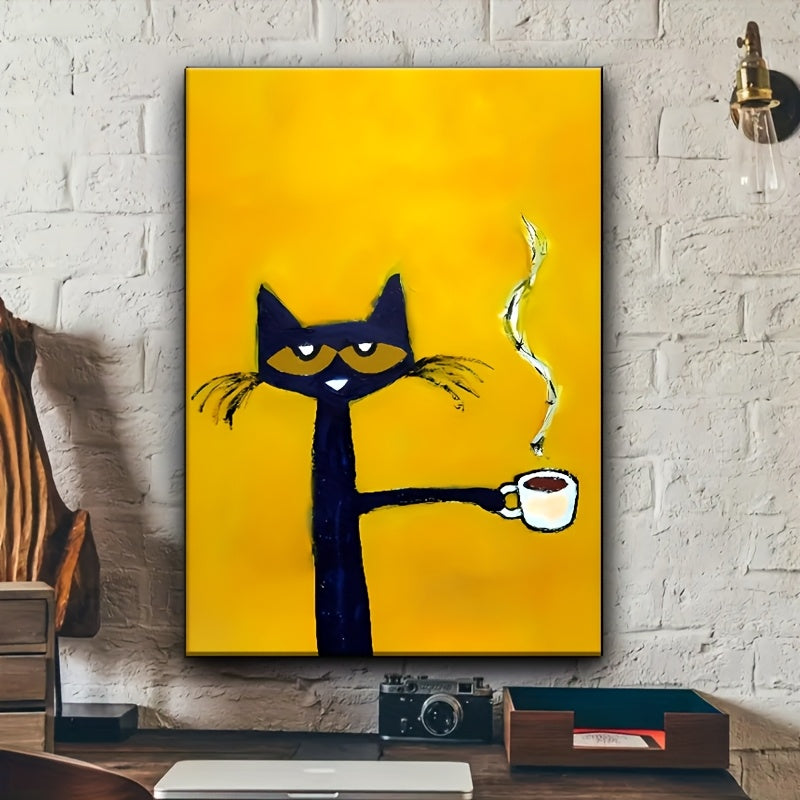 1pc Modern Cat Canvas Art with Wooden Frame – Whimsical Cartoon-Style Black Cat Holding Coffee Cup – Yellow Background, Warm Tones, Unique Animal Wall Decor for Living Room, Bedroom, or Home Office, Cat Decor