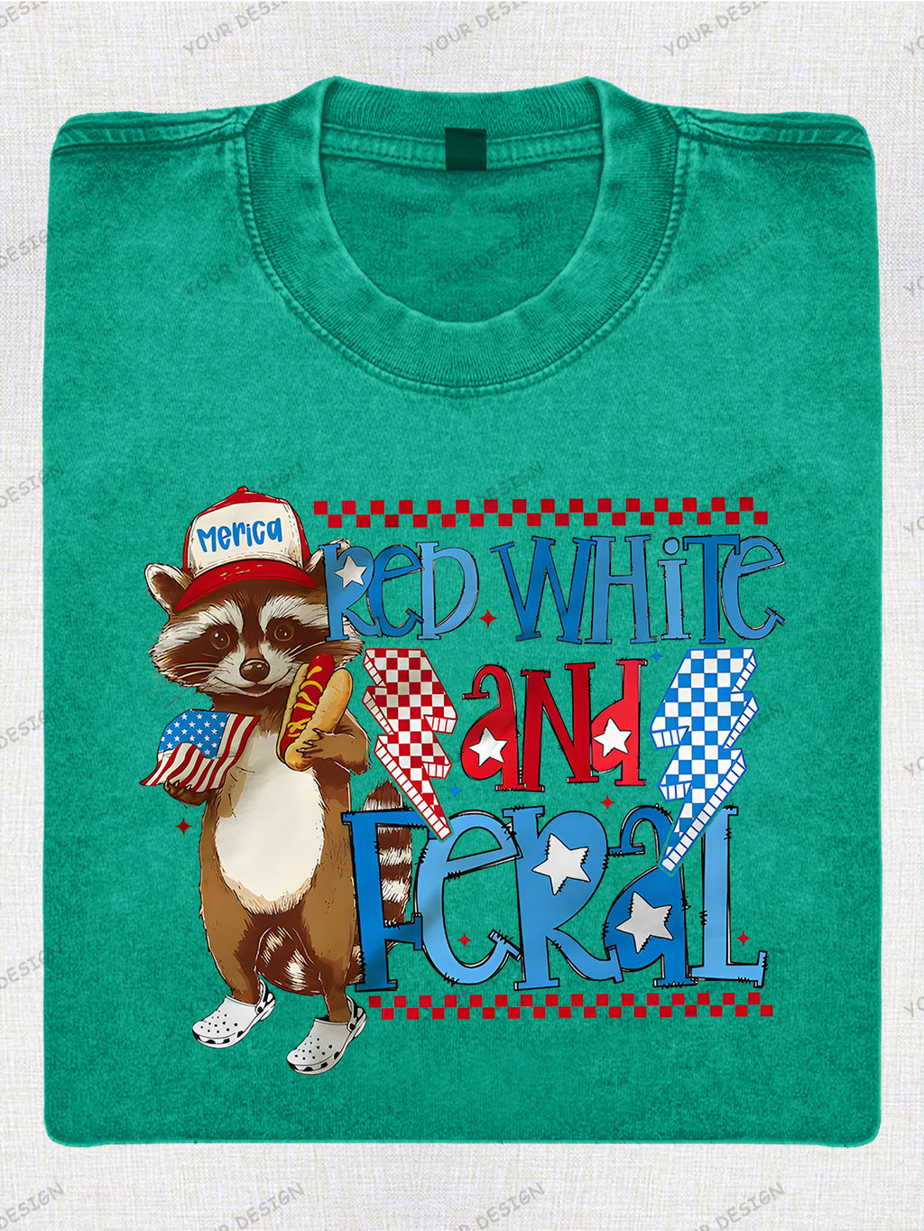 230G Washed Old Cotton T-Shirt, Fashionable 4Th of July, Wild Raccoon, American Flag Design, Independence Day, Dad'S Gift, Relaxed Street Style.