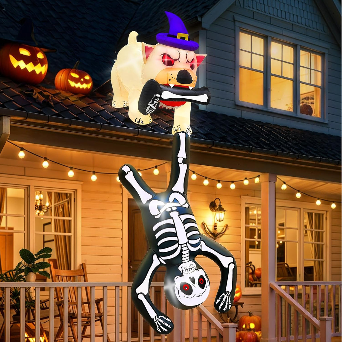 8FT LED Illuminated Halloween Inflatable Dog Pulling Skeleton Decor