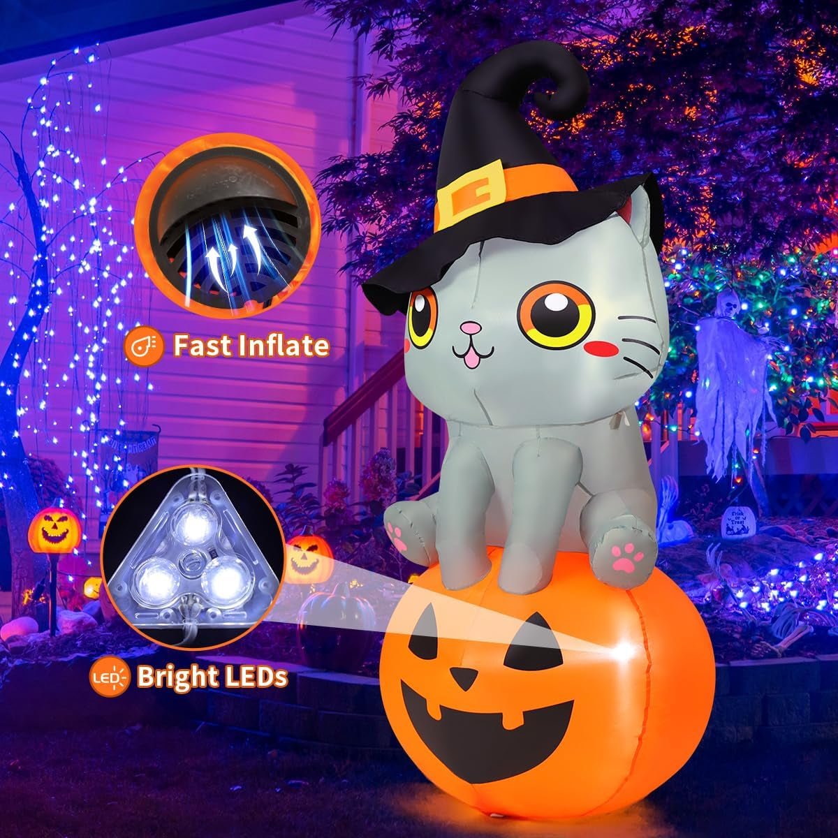 6 FT Halloween Inflatable Cat Outdoor Decoration - Adorable Wizard Cat Sitting on Pumpkin with Built-in LEDs for Garden, Lawn, and Indoor Party Decor