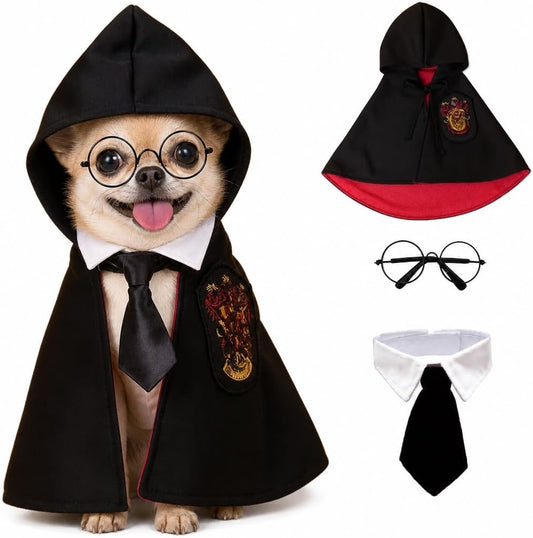 Small Dog Halloween Costumes - Adjustable Dog Cat Wizard Costume,Pet Hooded Cape Glasses Necktie Set,Puppy Kitten Halloween Costumes Boy Girl,Chihuahua Yorkie Clothes,Black Red Magician Cosplay Outfit