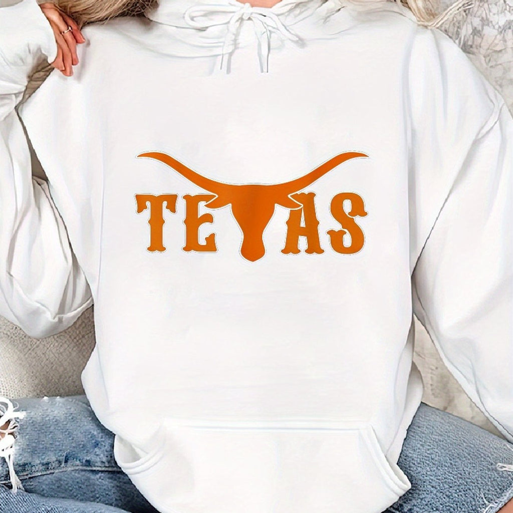 Long Sleeve Classic Print Pullover Hoodie, Texas USA Austin Pride Bull American Cozy Casual For Sports