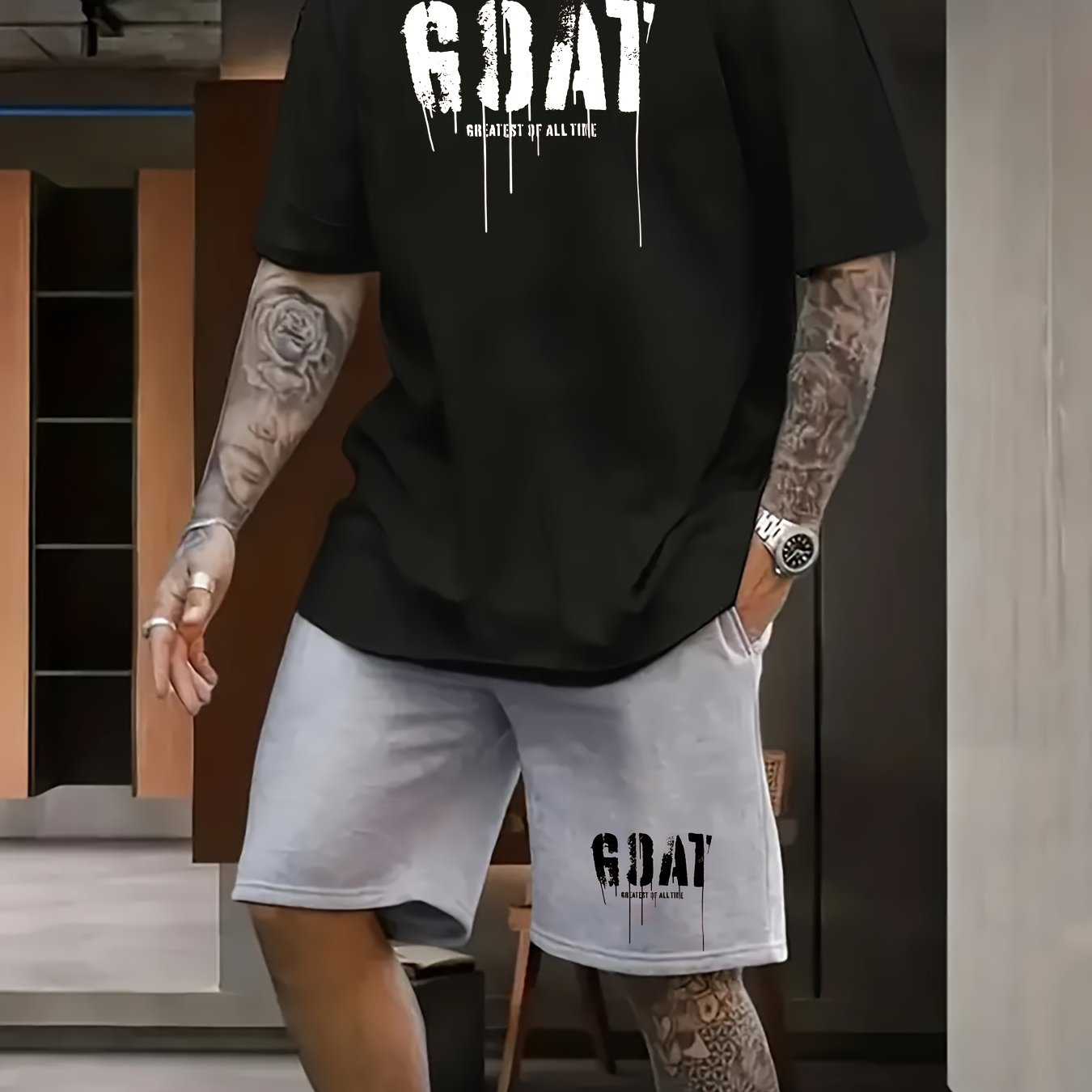 Mens Stylish Goat Print 2pcs Set - Casual Sportswear Outfit with Drawstring Shorts & Short Sleeve Top - Perfect for Spring Summer, Holidays, Leisure, Vacation, and Outdoor Fitness