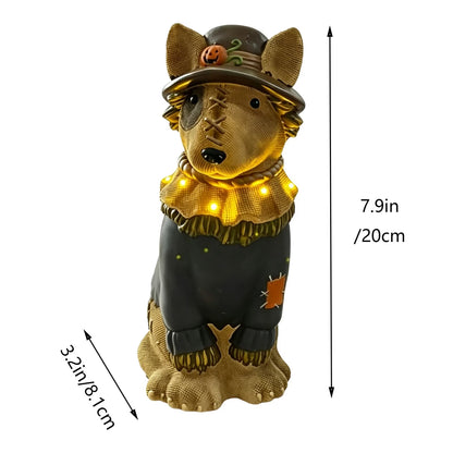 Halloween Illuminated Dog Figurine - 7.9in Scarecrow Dog Statue with Glowing Pumpkin, Waterproof Resin Table and Yard Decor