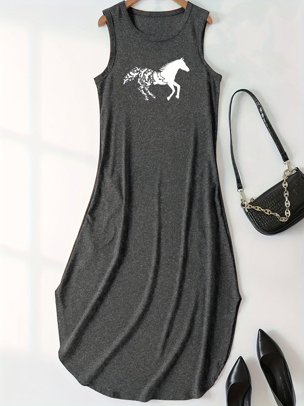 Horse Print Tank Dress, Casual Crew Neck Sleeveless Dress For Summer, Women's Clothing