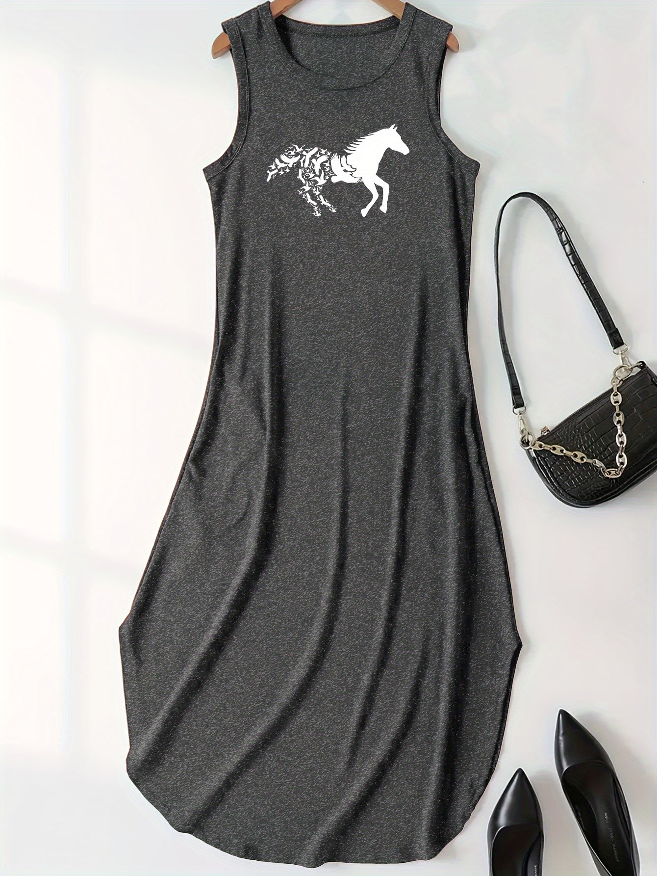 Horse Print Tank Dress, Casual Crew Neck Sleeveless Dress For Summer, Women's Clothing
