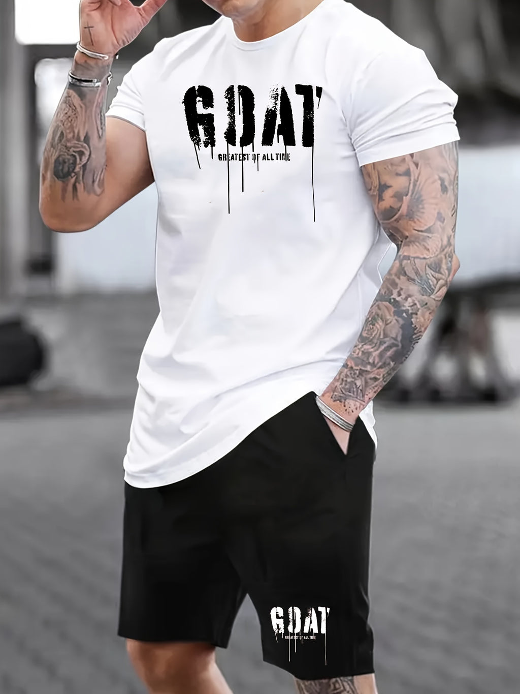 Mens Stylish Goat Print 2pcs Set - Casual Sportswear Outfit with Drawstring Shorts & Short Sleeve Top - Perfect for Spring Summer, Holidays, Leisure, Vacation, and Outdoor Fitness