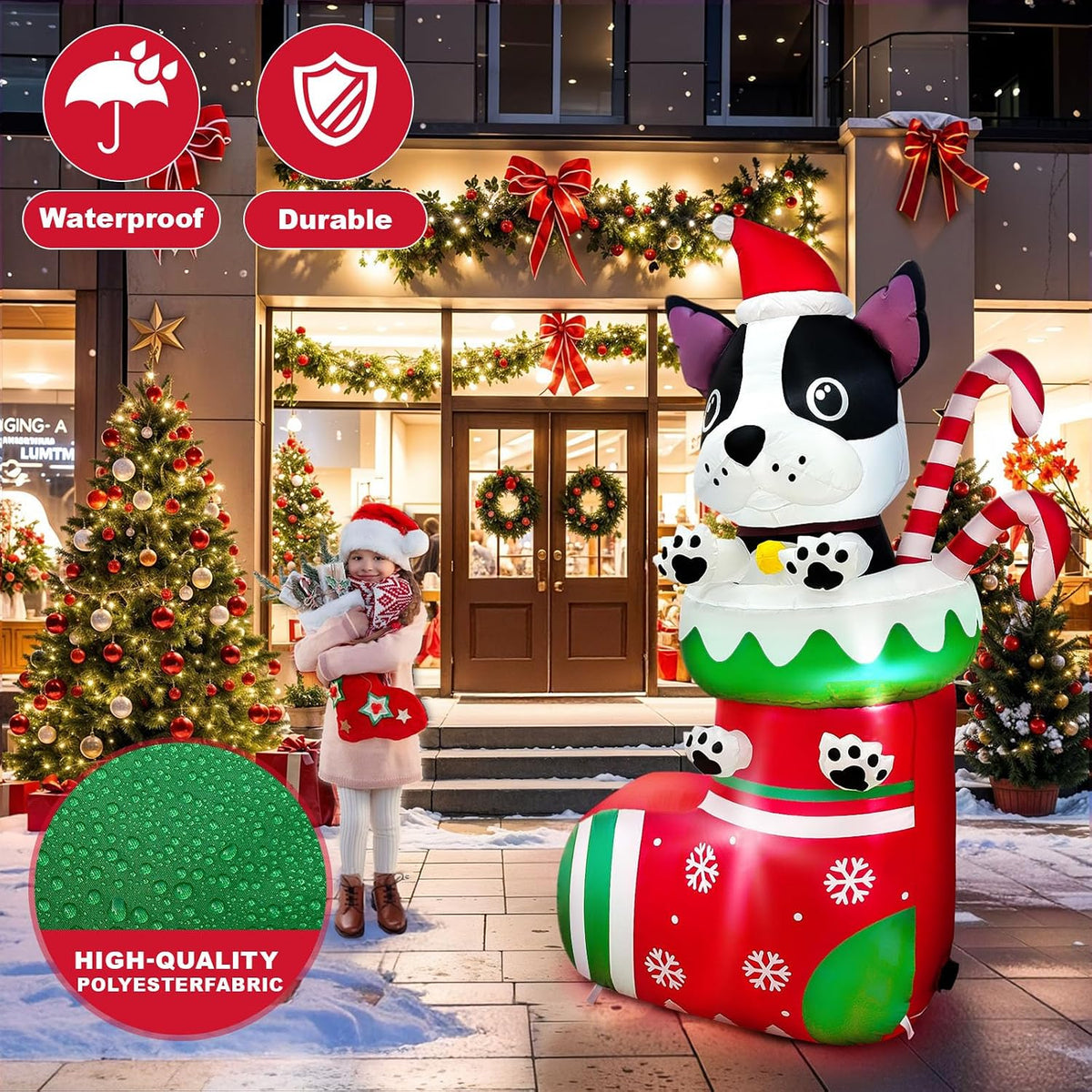 6FT Inflatable Christmas Dog in Stocking with LED Lights and Candy Cane - Outdoor Holiday Yard Decoration for Parties and Gardens
