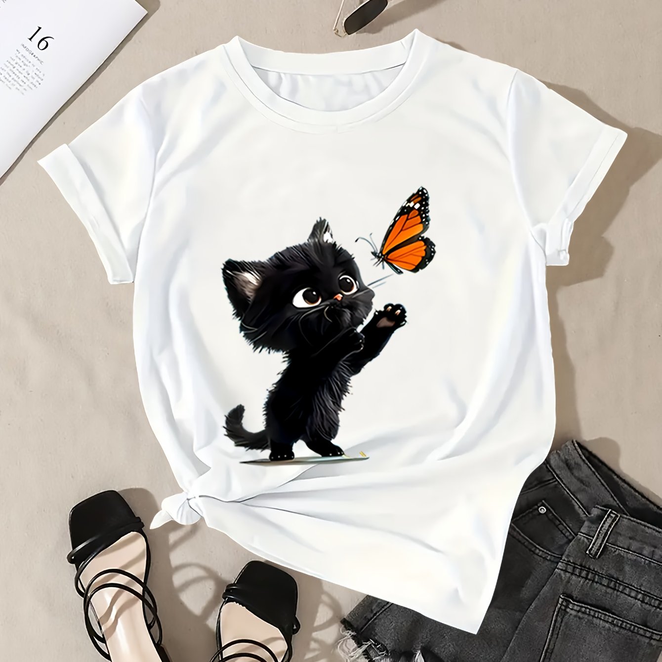 Soft Breathable 1pc Women's Casual Crew Neck T-Shirt - Black Cat and Butterfly Print, Short Sleeve, Machine Washable, Easy Care, Loose Fit, Chic Style, Spring/Summer Collection