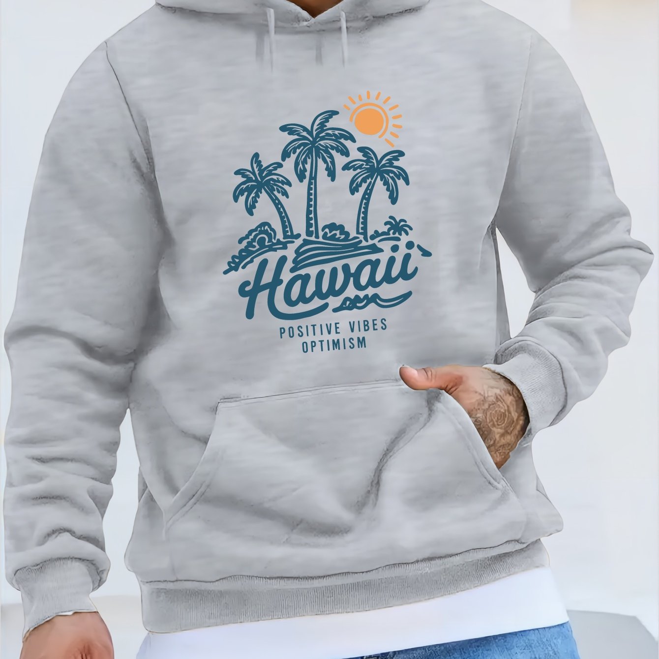 Men'S Casual Long Sleeve Hoodie, 100% Polyester Knit Fabric, Winter Warmth with "Hawaii Positive Vibes Optimism" Print, Regular Fit with Slight Stretch, 200gsm - Fashionable Gift for Men