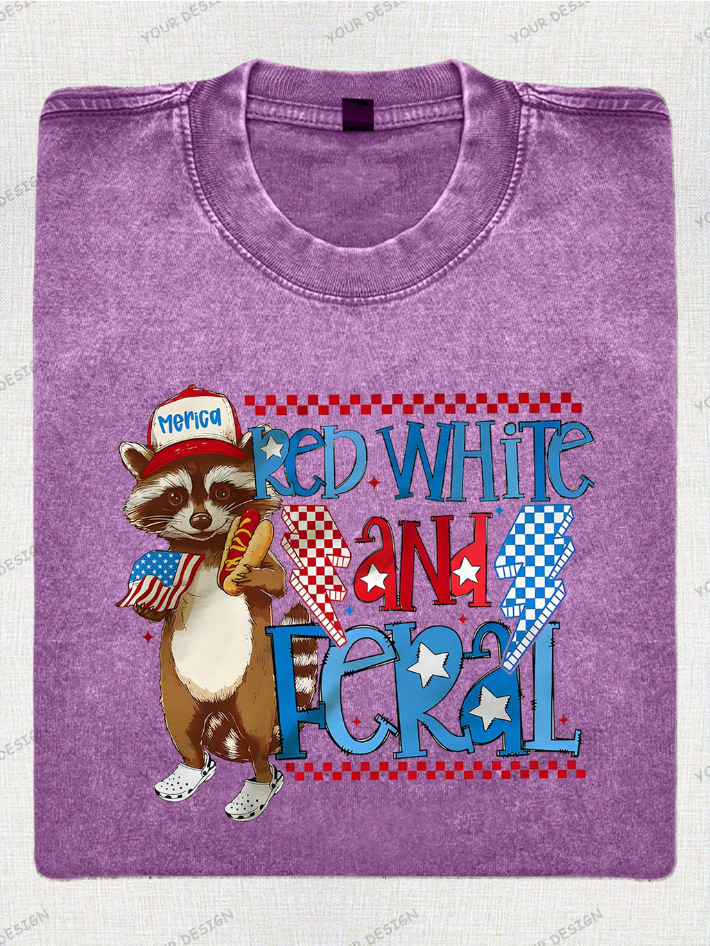 230G Washed Old Cotton T-Shirt, Fashionable 4Th of July, Wild Raccoon, American Flag Design, Independence Day, Dad'S Gift, Relaxed Street Style.
