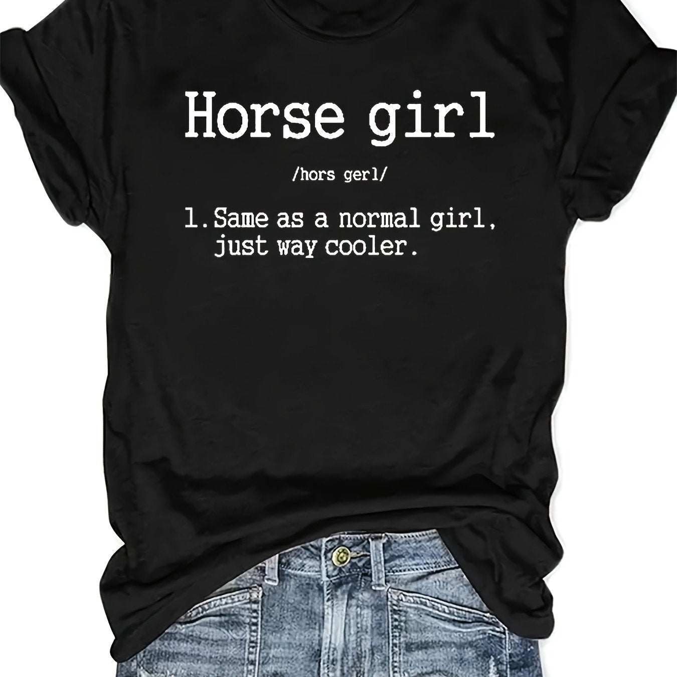 Vibrant Horse Girl Letter Print T-Shirt - Soft Short Sleeve Crew Neck Casual Top for Summer - Comfortable Women's Clothing for Horse Lovers