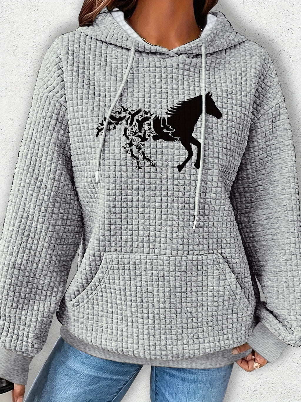 Vibrant Horse Print Waffle Hoodie - Soft, Cozy, and Casual Drawstring Kangaroo Pocket Sweatshirt for Women - Perfect for Fall and Spring Seasons