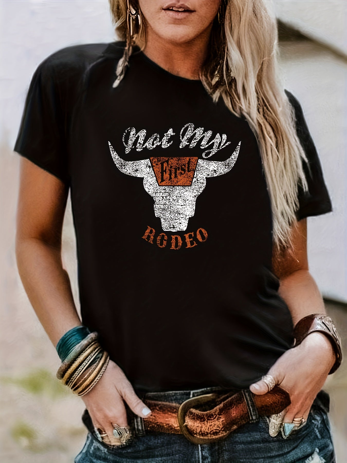 Rodeo Cow Head Print T-shirt, Casual Crew Neck Short Sleeve T-shirt, Women's Clothing
