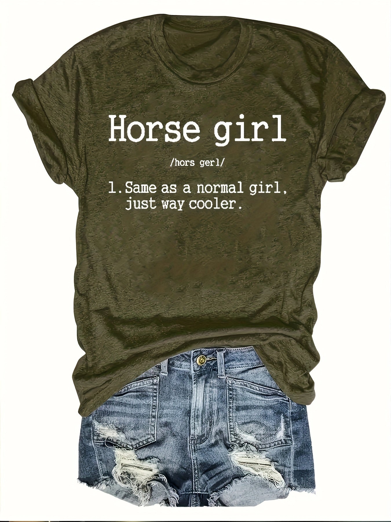 Vibrant Horse Girl Letter Print T-Shirt - Soft Short Sleeve Crew Neck Casual Top for Summer - Comfortable Women's Clothing for Horse Lovers