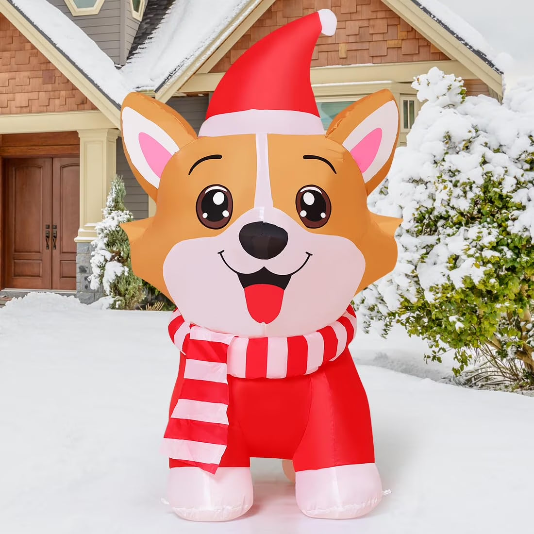 Christmas Inflatables 4.2 FT Inflatable Dog Wearing Hat with Built-in LED Lights, Cute Inflatable Christmas Dog Blow up Corgi Dog, Outdoor Christmas Decorations for Xmas Holiday Party