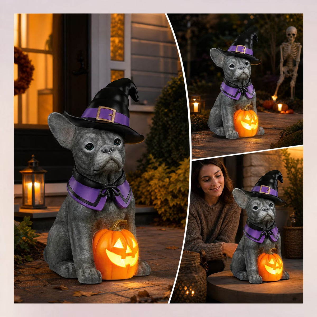 Witch Dog Halloween Decoration: Illuminated French Bulldog Pumpkin Statue for Outdoor and Garden Use, Ideal Halloween Gift