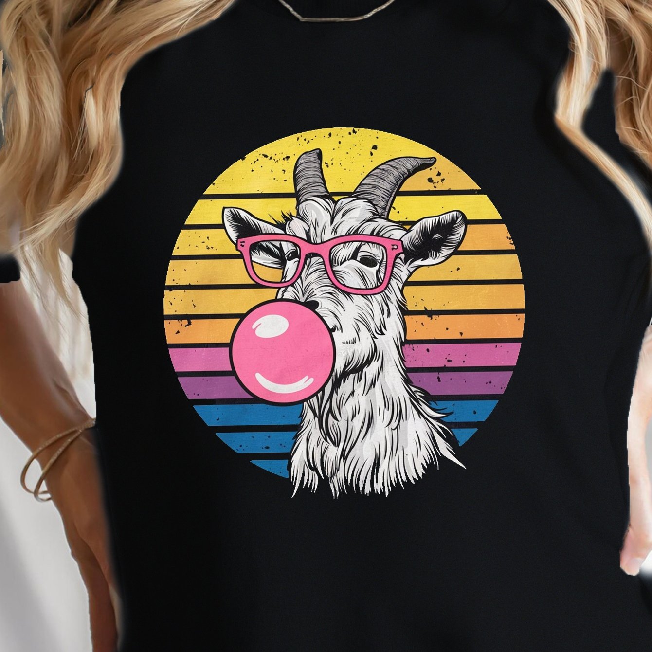 Goat Wearing Pink Glasses Print T-shirt, Short Sleeve Crew Neck Leisure T-shirt For Spring & Summer, Women's Clothing