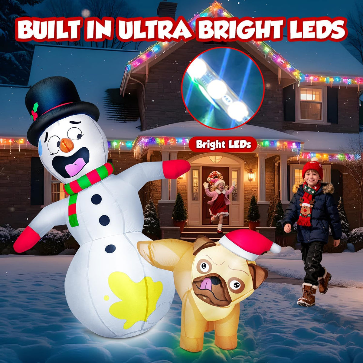5FT Christmas Inflatable Pug Dog Peeing on Snowman with Built-in LED Lights - Outdoor Holiday Yard Decoration for Christmas and New Year Celebrations