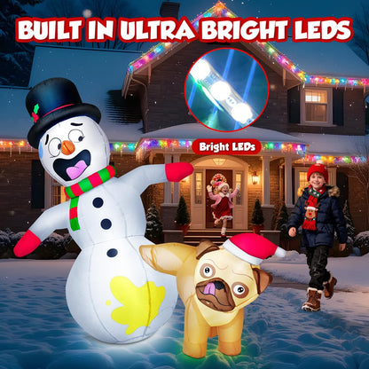 5FT Christmas Inflatable Pug Dog Peeing on Snowman with Built-in LED Lights - Outdoor Holiday Yard Decoration for Christmas and New Year Celebrations