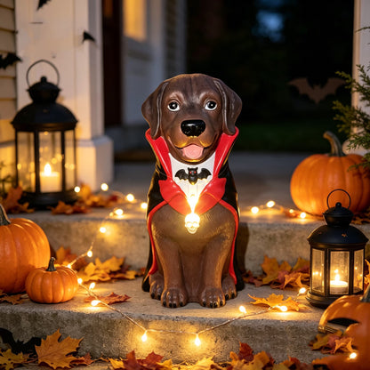 Halloween Illuminated Dog Figurine - 7.9in Scarecrow Dog Statue with Glowing Pumpkin, Waterproof Resin Table and Yard Decor