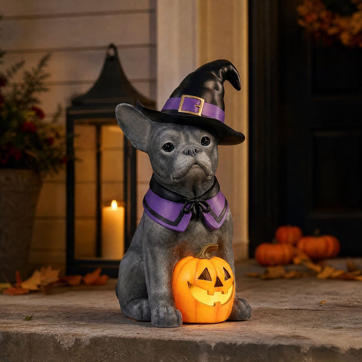 Witch Dog Halloween Decoration: Illuminated French Bulldog Pumpkin Statue for Outdoor and Garden Use, Ideal Halloween Gift
