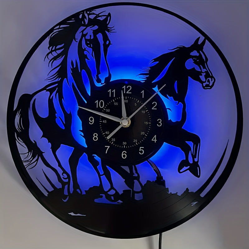 [Unique Vinyl LED Clock] Unique Luminous Vinyl LED Wall Clock | Handmade Running Horse Design Home Wall Art Decor for Living Room, Bedroom, Office, Garage, Kitchen | Original Gift for Birthday, Mothers Day, Spring Season, Gra