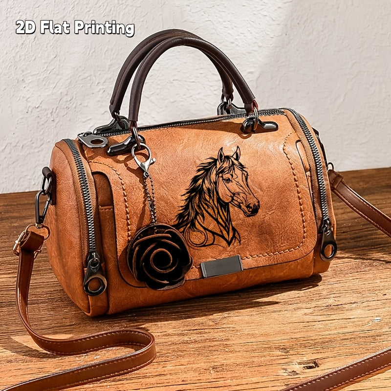 1pc Retro Handbag | Horse Pattern Classic Single-Shoulder Bag with Rose Pendant, Crossbody, Lining, Zipper Closure, Adjustable Strap, Suitable for Commuting, Business Trips, Light Luxury Small Bag, Christmas Gift