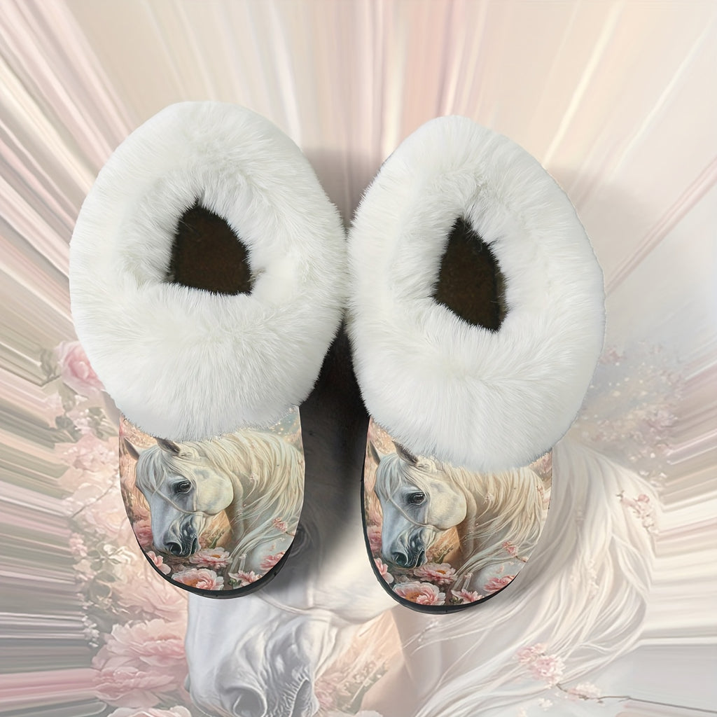 1 Pair Elegant White Horse & Floral Print Plush Slippers - Soft, Non-Slip Rubber Sole, All-Season Indoor/Outdoor House Shoes, Women'S Birthday/Christmas/Halloween Gift - Cozy Home Footwear for Women, Horse Lover Gifts, Indoor