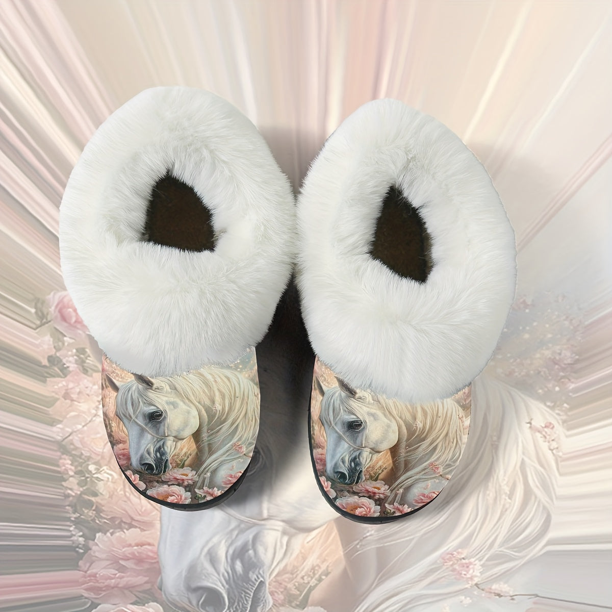 1 Pair Elegant White Horse & Floral Print Plush Slippers - Soft, Non-Slip Rubber Sole, All-Season Indoor/Outdoor House Shoes, Women'S Birthday/Christmas/Halloween Gift - Cozy Home Footwear for Women, Horse Lover Gifts, Indoor