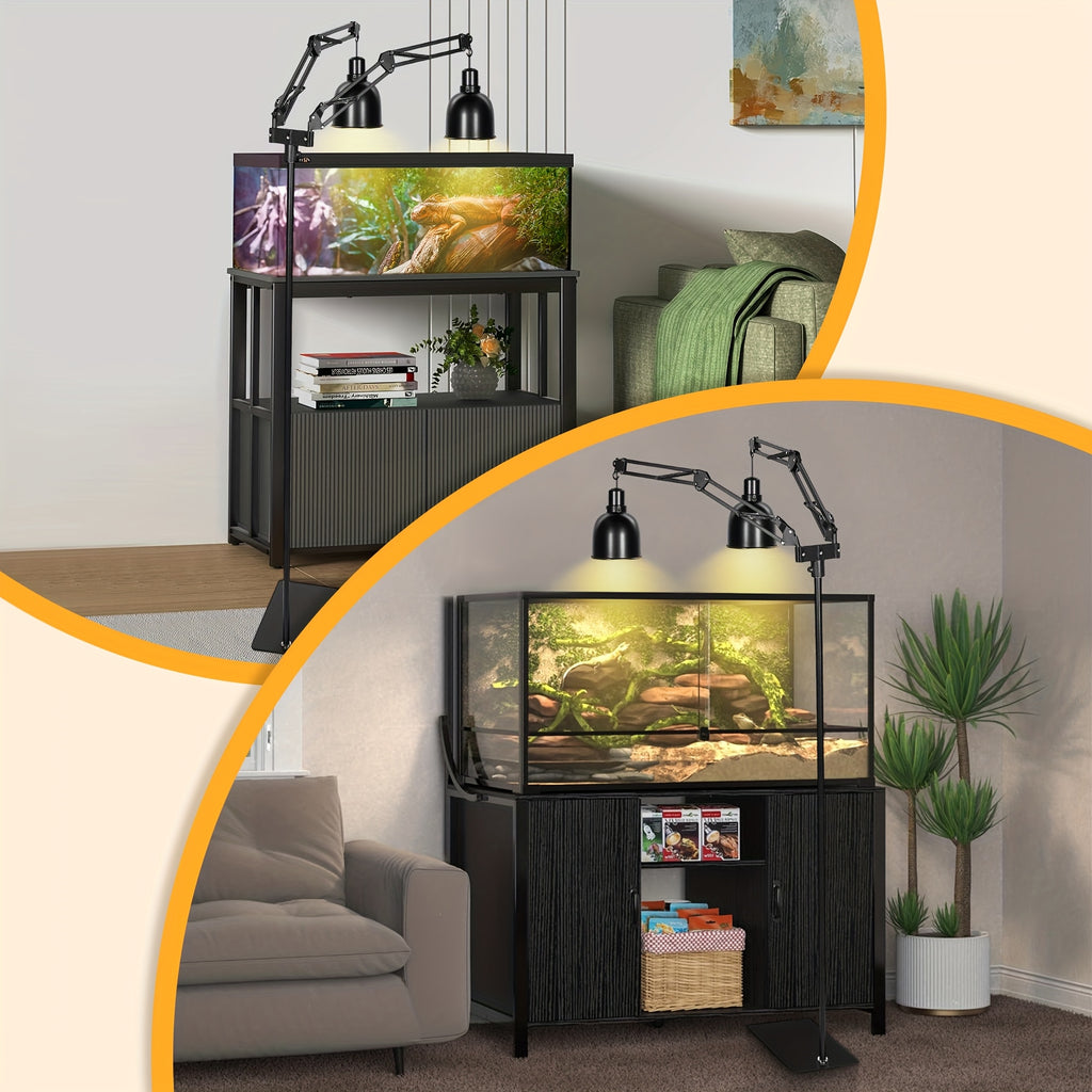 Double Arm Hanging Lamp Stand For Reptile, Metal Adjustable Heat Lamp Light Holder With 360° Rotation Swing Arm For Reptile Tank, Bearded Dragon, Chicks, Without Battery