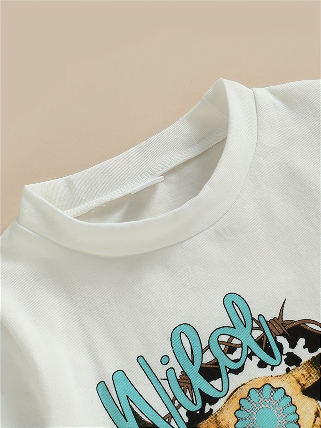 2pcs Toddler Girls Bull Head Graphic T-Shirt & Tassel Cow Graphic Flare Leg Pants Set for Summer Outdoor