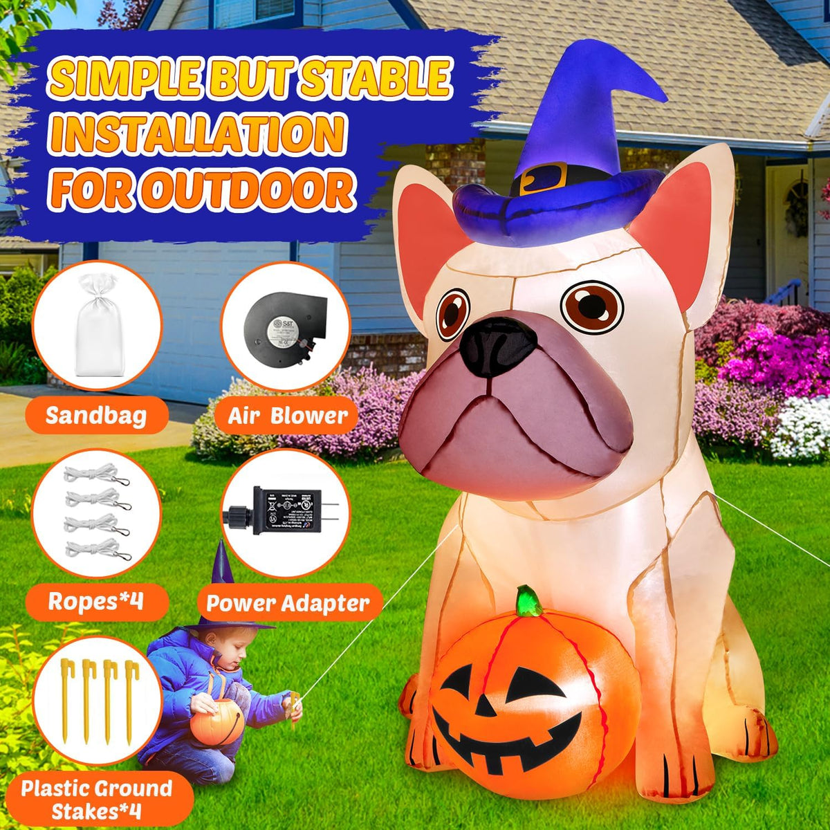 5Ft Halloween Inflatable Decorations with Built-in Bright LEDs - Inflatable Pumpkin with Witch Hat for Outdoor and Indoor Holiday Party Decor, Lawn and Garden Clearance
