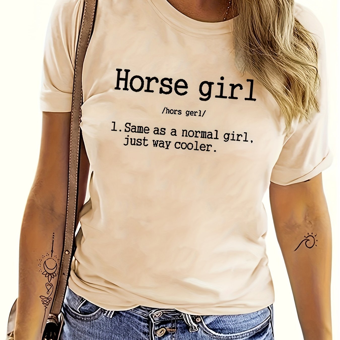 Vibrant Horse Girl Letter Print T-Shirt - Soft Short Sleeve Crew Neck Casual Top for Summer - Comfortable Women's Clothing for Horse Lovers