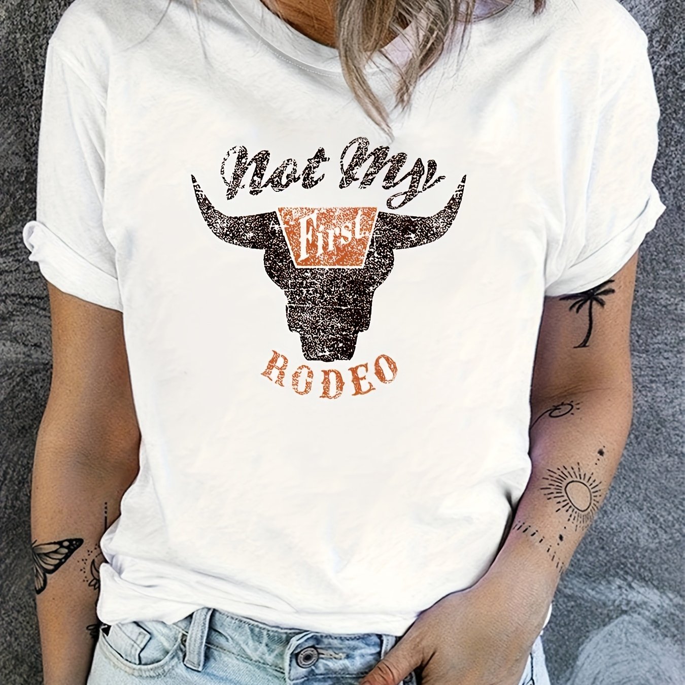 Rodeo Cow Head Print T-shirt, Casual Crew Neck Short Sleeve T-shirt, Women's Clothing