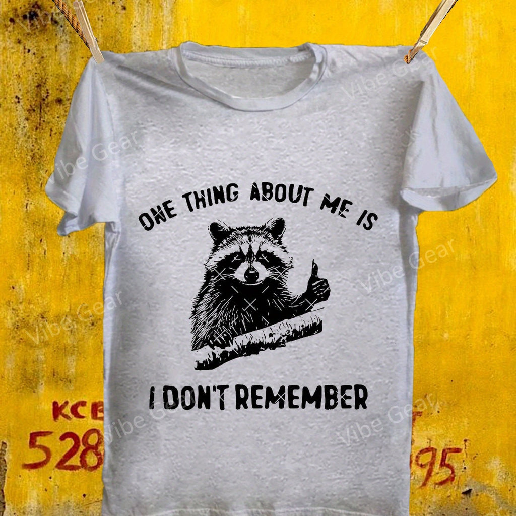 Men's 90s Retro Raccoon Graphic T-Shirt - "One Thing About Me I Don't Remember" Humorous Slogan, Soft 100% Cotton, 220gsm Heavyweight, Regular Fit Casual Tee, Printed & Shipped from USA