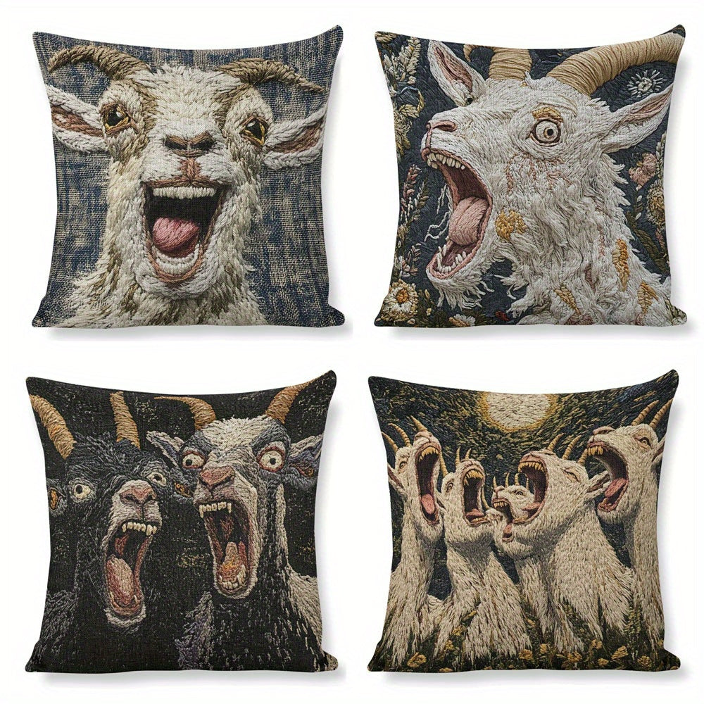 4pcs Screaming Goat Funny Design Throw Pillow Covers - Double-Sided Print, 4 Unique Patterns, Modern Home Decor for Sofa Bedroom Living Room, Zipper Closure, Machine Washable (No Insert), Decorative Pillows