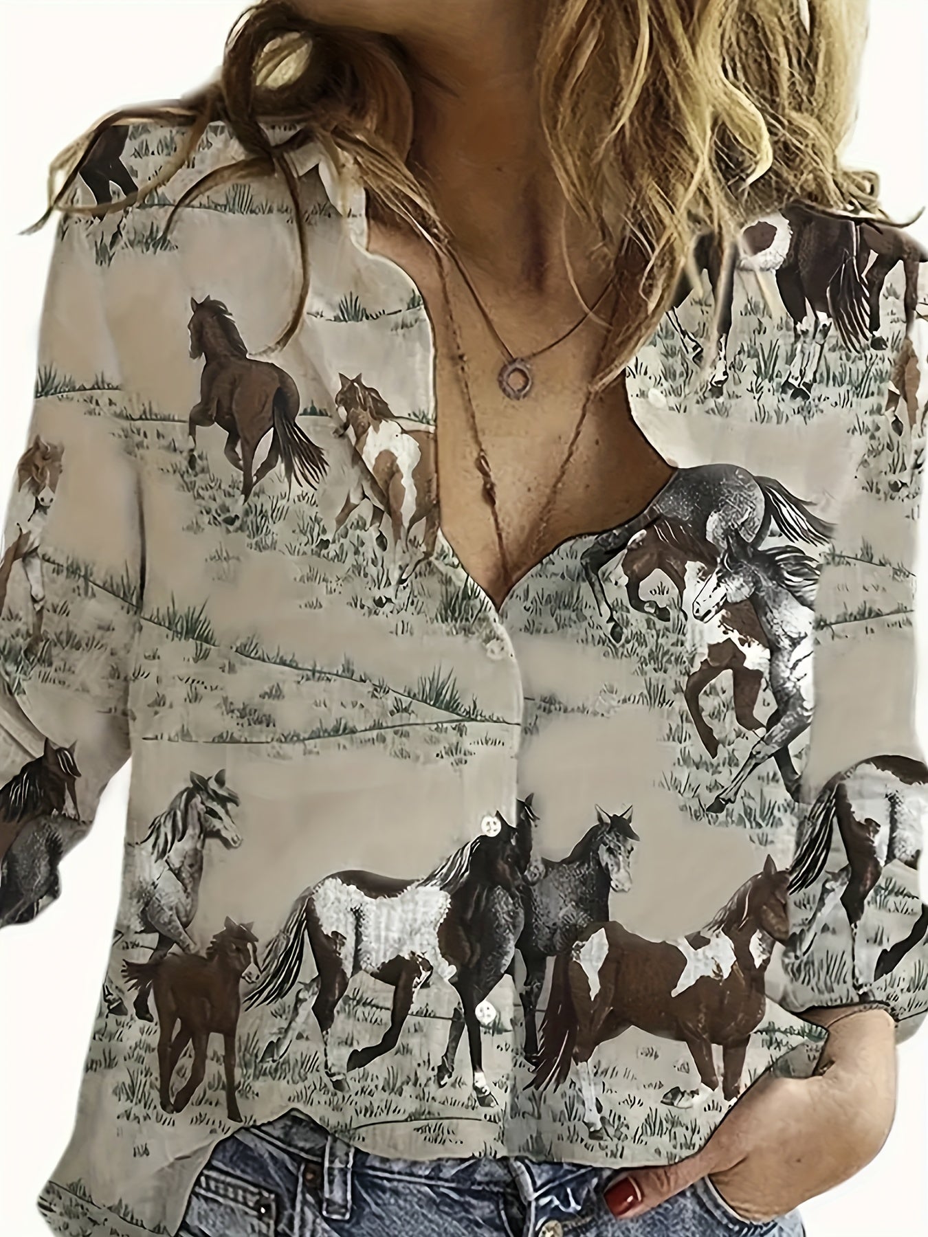 Vibrant Horse Print Long Sleeve Lapel Collar Shirt for Women - Button Front, Casual Polyester Shirt with Random Animal Pattern - Perfect for All Seasons