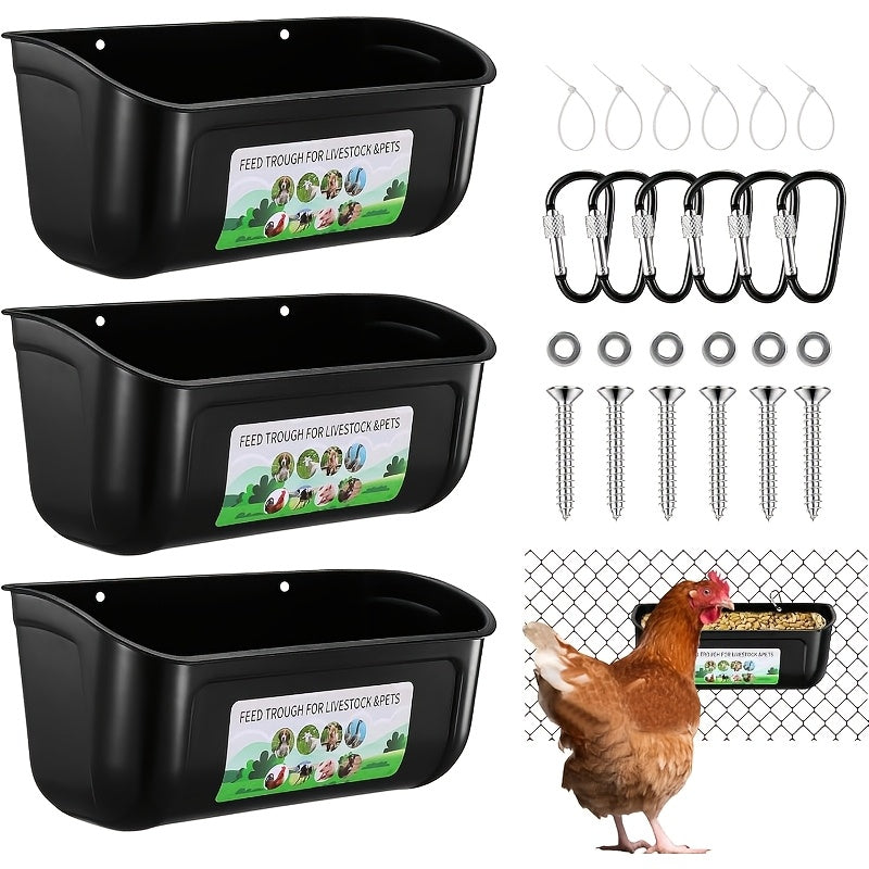 Set Of 1/2 Goat Feeders, Duck And Chicken Feeders And Drinkers, Hanging Fence Trough with Clips, Suitable for Goats, Sheep, Piglets, Geese, Turkeys, Dogs, And Poultry, Comes with A Feed Spoon, Black