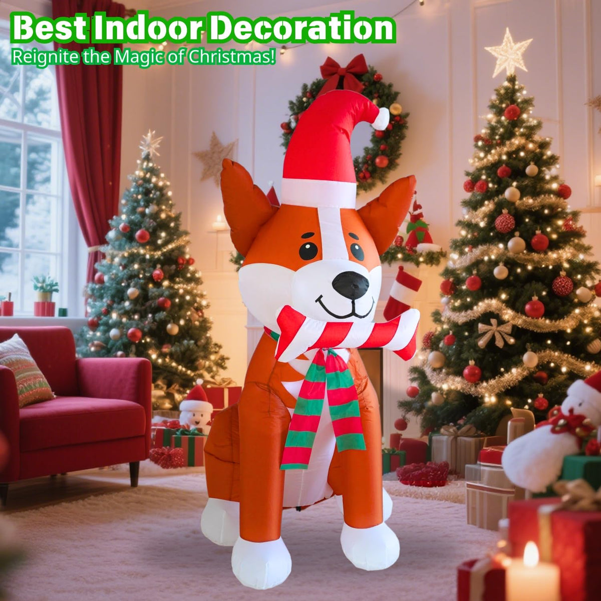 5FT Inflatable Corgi with Candy Bar - Outdoor Christmas Decoration with Built-in LED Lights for Indoor and Lawn Garden Use