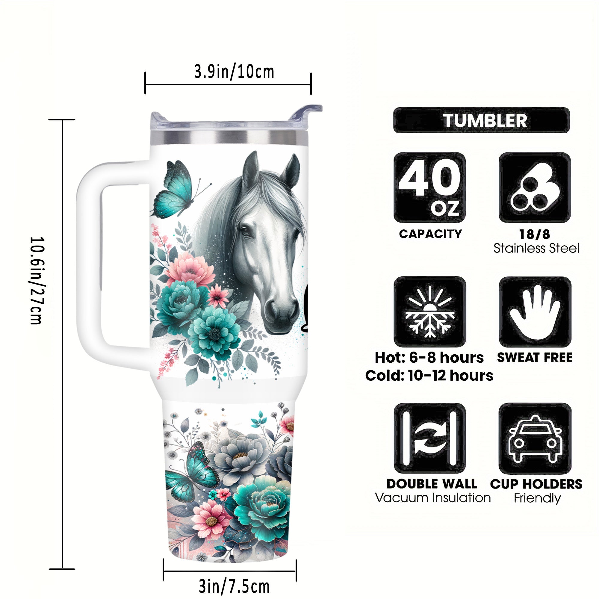 1pc Stainless Steel Tumbler 40oz - Double Wall Vacuum Insulated Travel Mug with Lid, Leak Proof, BPA-Free, Machine Washable, Ideal for Climbing & Sports, Perfect Gift for Horse Lovers, Equestrian, Women, Sister, Animal Enthus