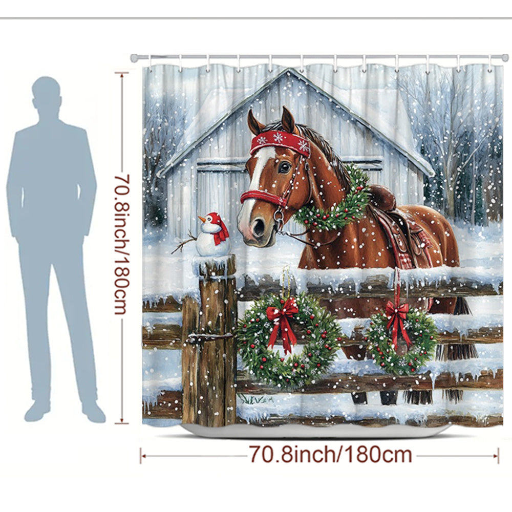 1pc Large Horse-Themed Christmas Shower Curtain - Winter Snowy Barn & Red Truck Design with Wreaths, Snowman, Holly Berries - Washable Bathroom Decor (70.8"x70.8") with 12 Hooks - Farmhouse Holiday Bath Curtain for Horses, 2D