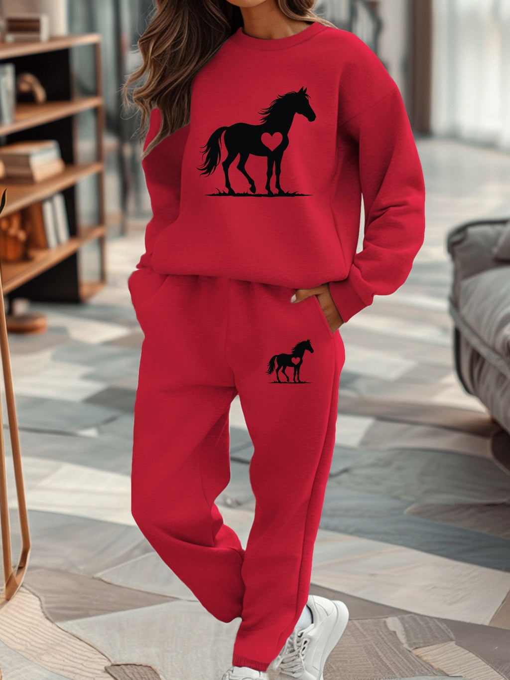 Women'S Casual Fall/Winter Horse Silhouette Sweatshirt and Sweatpants Set - Gray with Black Horse Design, Cozy Sweatpants for Relaxation, Comfortable Clothing | Stylish Horse Print | Cozy Sweatpants