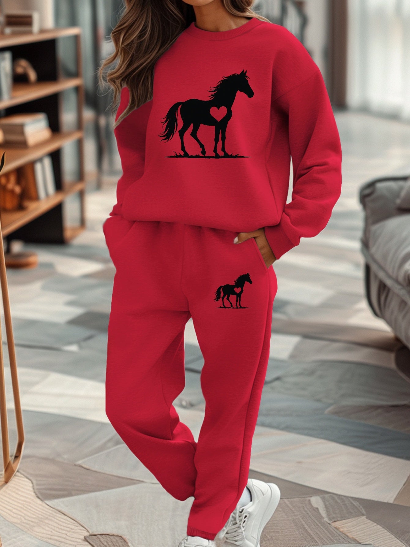 Women'S Casual Fall/Winter Horse Silhouette Sweatshirt and Sweatpants Set - Gray with Black Horse Design, Cozy Sweatpants for Relaxation, Comfortable Clothing | Stylish Horse Print | Cozy Sweatpants