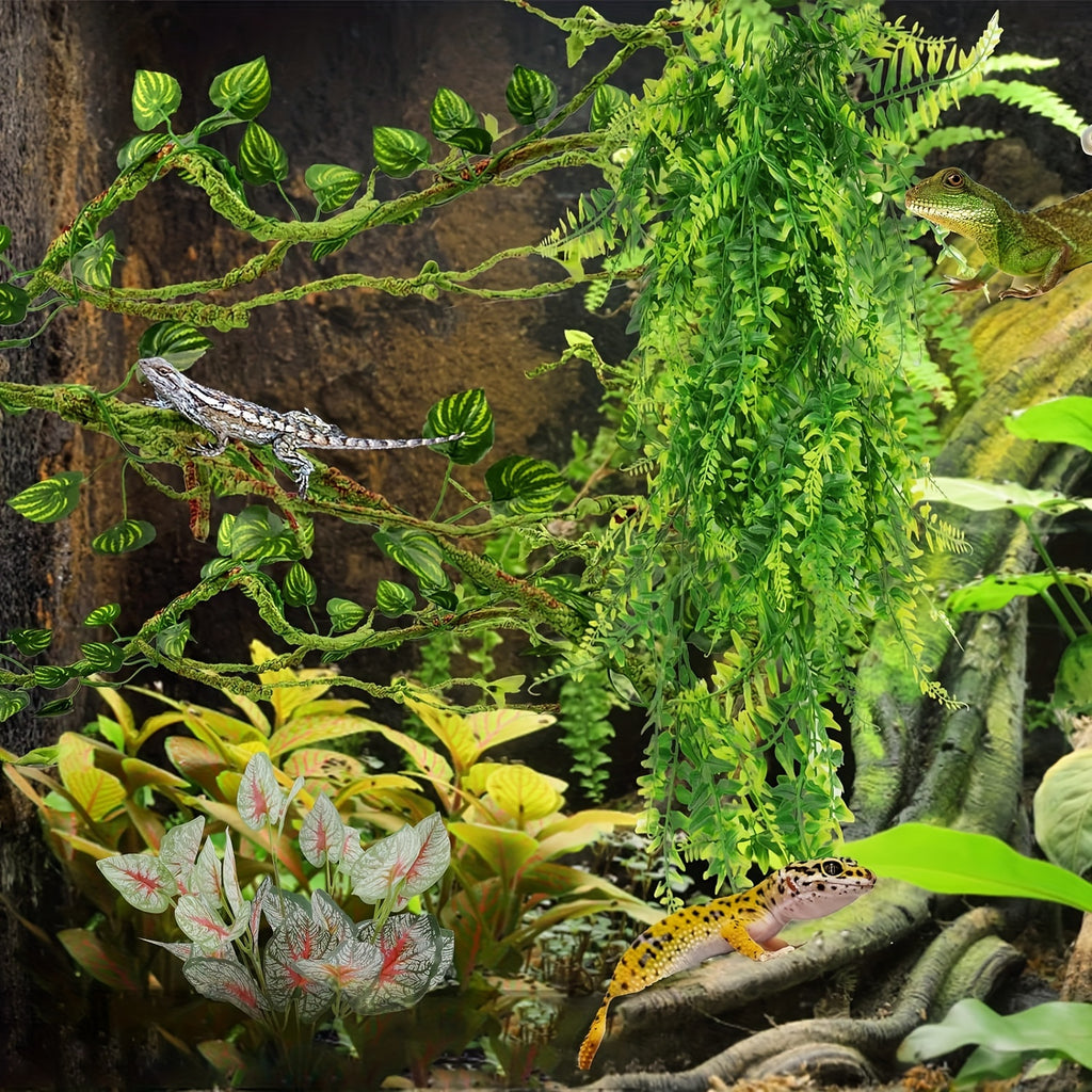 12pcs Fake Reptile Plants, Terrarium Hanging Artificial Leaves, Leopard Gecko Tank Accessories, Terrarium Decorations For Bearded Dragon Lizard Snake Geckos Chameleon